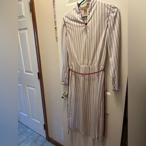 Vintage Long Sleeve Striped Dress with Red Accents